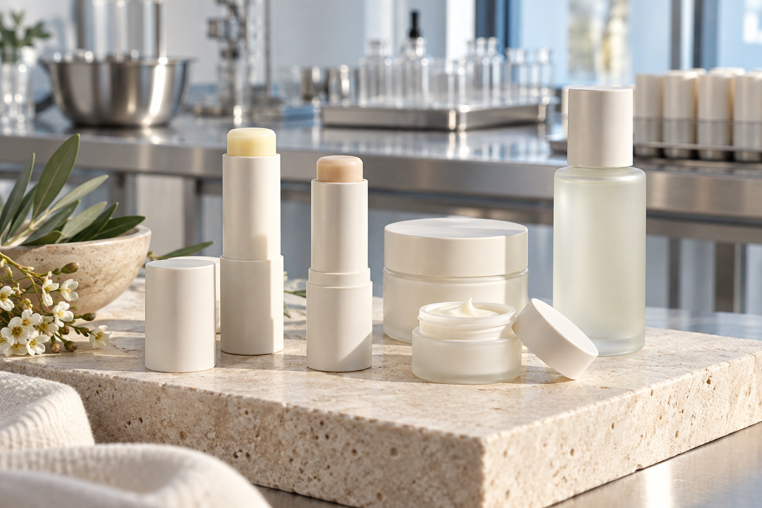 Cosmeticasticks, potjes en een fles zonder merk in een lichte studio